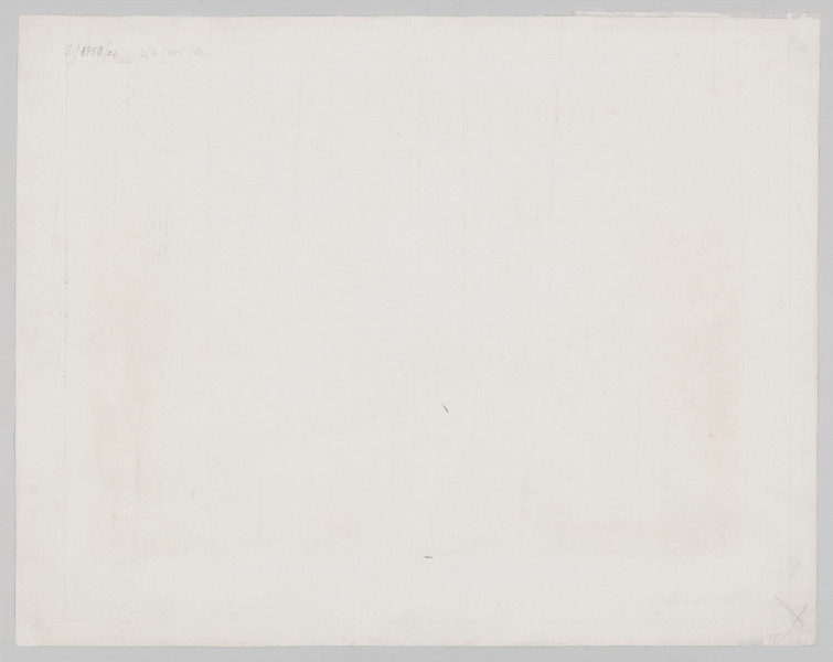 S/G/445/ML - Widok klasycystycznego pałacu w Puławach  (stan z ok. 1800 r.) od strony dziedzińca. Założenie na planie podkowy. Od frontu wysunięte poza linię korpusu głównego skrzydła. Między nimi taras, na który prowadzą reprezentacyjne, 2-biegowe schody. Kondygnacja parteru zdobiona boniowaniem. Piętro z rzędem  smukłych okien rozczłonkowane parami pilastrów jońskich, frontowe elewacje skrzydeł - parami lizen. Całość obiega tryglifowy fryz. Nad środkową częścią gmachu nadbudowane piętro z trzema półkoliście zakończonymi oknami i pilastrami korynckimi. Na dachu taras widokowy z rozmieszczonymi wokół rzeźbami, od frontu półkolisty naczółek i posąg Atlasa dźwigającego kulę ziemską. Po lewej parterowy budynek oficyny (?). Przed nim cztery smukłe drzewa. Na pierwszym planie dziedziniec zaludniony grupkami spacerujących postaci. Po lewej część okrągłego kolmbu z rozłożystym drzewem w centrum.
W górnej partii pas malowniczo zachmurzonego nieba. Przedstawienie szczegółowe, precyzyjnie oddane detale architektoniczne.