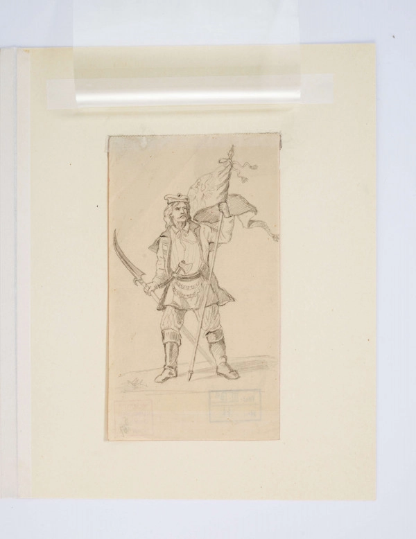 Portret mężczyzny. Ujęty całopostaciowo, głowa 3/4 w prawo, tułów en face. Twarz z wąsami, okolona sięgającymi ramion włosami. W prawej ręce kosa z umocowanym pionowo ostrzem, w lewej - zgiętej w łokciu i uniesionej ku górze drzewce sztandaru z wizerunkiem orła. Ubrany w ściągniętą paskiem koszulę, rozpiętą kurtkę i szerokie, pasiaste spodnie wpuszczone w buty z wysokimi cholewami. Za pas zatknięty toporek, na głowie czapka.