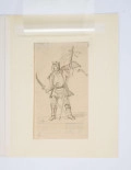 Portret mężczyzny. Ujęty całopostaciowo, głowa 3/4 w prawo, tułów en face. Twarz z wąsami, okolona sięgającymi ramion włosami. W prawej ręce kosa z umocowanym pionowo ostrzem, w lewej - zgiętej w łokciu i uniesionej ku górze drzewce sztandaru z wizerunkiem orła. Ubrany w ściągniętą paskiem koszulę, rozpiętą kurtkę i szerokie, pasiaste spodnie wpuszczone w buty z wysokimi cholewami. Za pas zatknięty toporek, na głowie czapka.