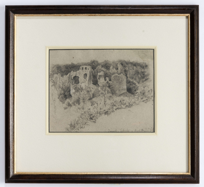 Widok zamku w Bochotnicy pod Kazimierzem. W centrum kompozycji pozostałości murów zamkowych, z zachowanymi w lewej części otworami okiennymi. Dolna część murów przesłonięta przez krzewy. W tle lesiste zarośla, na pierwszym planie biegnący ukośnie pas schematycznie zarysowanej roślinności.
 
