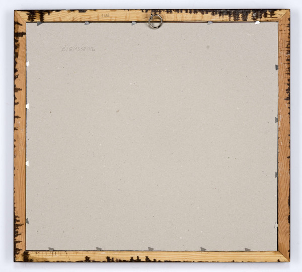 Rozległy pejzaż z bryłą kościoła w centrum. W głębi, na linii horyzontu małe sylwetki trzech budynków. Przy lewej krawędzi chata nakryta wysokim, spadzistym dachem. Na osi kościół na planie krzyża, z kopułą, po prawej wiatrak oraz rachityczne drzewko.  Przed chatą pasąca się krowa. Górną część kompozycji stanowi gładki pas nieba. Malowane swobodnymi plamami kolorów. Płaszczyznę podłoża na pierwszym planie tworzą smugi w odcieniach brązu i rozmytej szmaragdowej zieleni. Ściany kościoła blado - żółte, szary dach z czerwonym akcentem hełmu latarni. Drzewa wokół w odcieniach ciepłej, przeżółconej zieleni.  Niebo nad horyzontem zabarwione delikatnie przełamanym szarością brązem. W dolnej partii przedstawienia ślady 
ołówkowego szkicu.