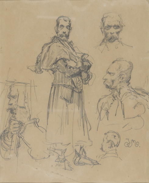 R/5059/ML - Szkic stojącej postaci męskiej w stroju staropolskim i 4 popiersi w zbliżeniu. Na osi pełna postać stojącego mężczyzny 3/4 w prawo, głowa en face. Włosy krótkie, duże, sumiaste wąsy, założone przed siebie ręce. Ubrany w kontusz z widocznymi, charakterystycznymi, odwiniętymi do tyłu rękawami, przewiązany pasem kontuszowym. Po prawej 3 szkice popiersi tego samego mężczyzny - od góry - en face, profilem w lewo i od tyłu. Po lewej mężczyzna profilem w lewo, w uniesionych rękach trzyma rękojeść szabli (?).
sygn. oł. p.d.: JM - monogram wiązany