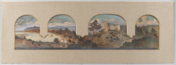 S/G/14/ML - Widok Kazimierza. Na pierwszym planie z lewej fragment muru, na osi kilka sosen. Na drugim planie, z lewej zakole Wisły, w głębi sylwetka zamku w Janowcu. Nieco na prawo od osi wzgórze z ruinami zamku w Kazimierzu, dalej biegnąca wśród pól dróżka. W tle pas nieba podzielony kolorystycznie na dwie strefy - błękit paryski u góry i biało-kobaltowa z akcentami oranżu nad linią horyzontu. Przedstawienie operuje nakładającymi się plamami przełamanych kolorów. Dominują odcienie brązów, ugrów i zieleni. Partie zarośli przy brzegu rzeki i korony sosen w kolorze ceglastego oranżu z akcentami ultramaryny. 
