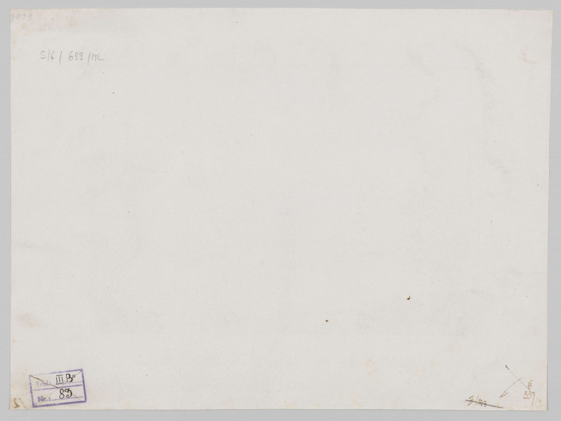 S/G/699/ML - Widok pałacu Czartoryskich wśród rozległego pejzażu łachy wiślanej. Na pierwszym planie pas rzeki, nad brzegiem spacerująca para, po prawej, na wodzie łódka z grupą pasażerów. Na drugim planie część założenia parkowego - tzw. Ogród dolny z bogatym drzewostanem. Przy lewej krawędzi altanka - Domek Chiński. Ponad kępami drzew, w głębi na osi tylna elewacja zbudowanego nad zboczem skarpy pałacu. Założenie z narożnymi alkierzami i przewyższającym całość ryzalitem w centrum. Z przodu, na obmurowanym zboczu taras z balustradą. W górnej partii kompozycji szeroki pas nieba. Przedstawienie szczegółowe, modelowane miękkimi, roztartymi smugami.