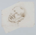 S/G/2662/ML - Portret mężczyzny en trois quatrs w lewo. Twarz szczupła. Krótkie włosy tworzące duże zakola. Ucho przylegające do głowy. Oczy skierowane na widza, nos prosty, wąskie usta. Tło neutralne. Praca utrzymana w konwencji realistycznej, rysowna delikatną, wijącą się i falującą kreską. Niektóre partie wydobyte przez punktowanie.
sygn.p. na wys. karku : J Got