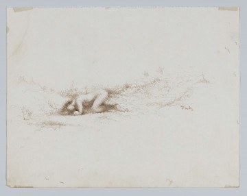 R/6871/ML - Na około 1/3 wysokości, z lewej strony akt kobiecy. Postać ukazana profilem w lewo. Wsparta na łokciach i kolanach, tułów uniesiony do góry, głowa spoczywa na ziemi. Ciało o miękkich zarysach, modelowane przez zagęszczenie cienkich, skręconych, zygzakowatych kresek. W tle delikatne, nerwowo prowadzone falujące linie tworzą zarysy pagórkowatego podłoża.
sygn. piórkiem p.d.