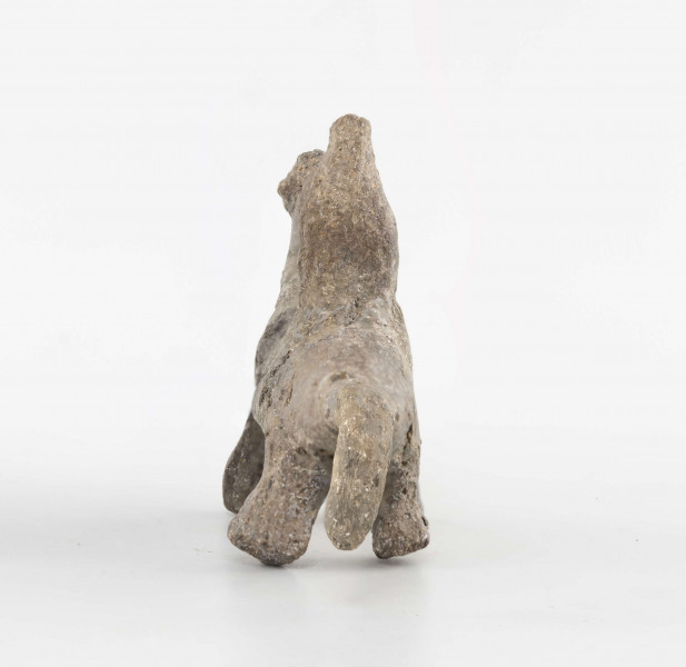 Figurka gliniana jeźdźca na koniu wykonana z wałka glinianego, szyjka wyciagnięta do góry, zwężona, zakończona spłaszczoną głową. Ogon mocno ścieniony, załamany do dołu. Kończyny walcowate, doklejone do korpusu. Postać siedząca na grzbiecie wykonana schematycznie. Surowiec - glina z domieszką piasku. Barwa brunatna. Stan zachowania dobry - drobne ubytki. Zabytek sklejany, uzupełniany gipsem.
Wymiary dodatkowe - 1,9 cm (grub. korpusu); 3 cm (wys. postaci); 1,4 cm (grub. postaci)