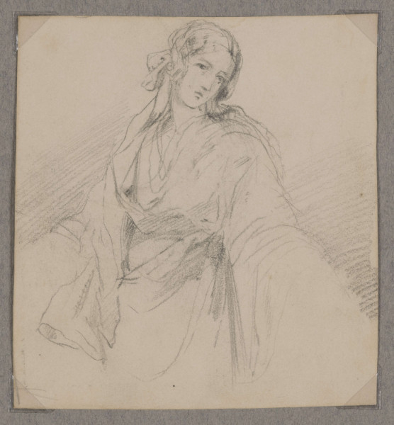 R/6646/ML - Portret młodej kobiety. W ujęciu do kolan, siedząca, tułów lekko w lewo, głowa 3/4 w prawo, pochylona. Twarz o miekkich rysach, włosy zaczesane gładko, z tyłu ukryte pod czepkiem ozdobionym wstążkami. Ubrana w obszerną, drapowaną szatę z pęknięciem przy dekolcie. Rozszerzające się do dołu rękawy ukrywają rozłożone ręce. Rysunek prowadzony miękkimi, swobodnymi kreskami, z delikatnie zaznaczonym światłocieniem.
