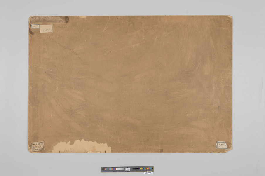 S/G/44/ML - Pejzaż ze sztafażem. Na pierwszym planie droga, na której zaprzężony w jednego konia dwukołowy wóz, na nim trzymający w rękach lejce mężczyzna w pozycji siedzącej. Ubrany w futrzaną czapę i długie palto. W oddali równinny, płaski teren, po lewej zarysy wiejskich chat.





