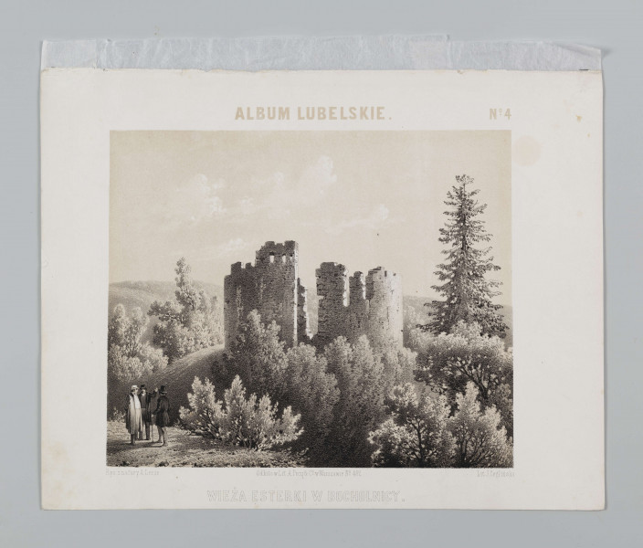 S/G/520/ML - Widok ruin wieży zamku Firlejów w Bochotnicy. Na pierwszym planie po lewej trzech rozmawiających mężczyzn. Nieco w głębi pagórkowate wzniesienie porośnięte bujną roślinnością; na osi kompozycji ruina założonej na planie koła kamiennej wieży. Korpus zachowany w przyziemiu, powyżej wyżłobiony, z licznymi ubytami. W górnej części trzy małe otwory okienne. 