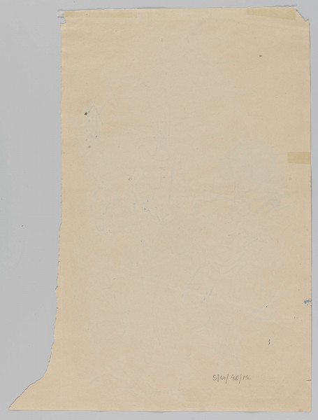 S/G/48/ML - Scena rodzajowa. Na biegnącej w głąb drodze dwie frontalnie ukazane postacie mężczyzn. 
Po lewej dosiadający osiołka, niski, krępy, z okrągłą twarzą, w kapeluszu z szerokim rondem. 
Mężczyzna z prawej na koniu, wysoki i chudy, w zbroi i hełmie z przyłbicą, w ręku trzyma kopię. Po obu stronach drogi, schematycznie, za pomocą kilku falujących linii zaznaczony pejzaż. 
Po prawej, u góry wiatrak. Przedstawienie szkicowe, postacie zaznaczone prowadzonymi swobodnie, wyraźnymi kreskami, wzbogacone mocniejszymi plamami i roztartymi smugami tuszu.
