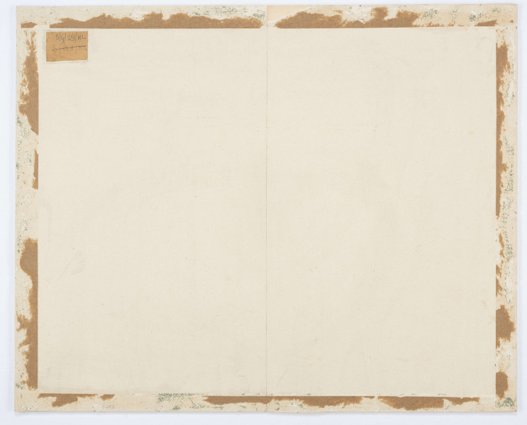 Ujęty fragmentarycznie widok miasteczka z farą i górą Trzech Krzyży w tle. Na pierwszym planie trapezoidalna płaszczyzna dachu, za nią fragment rynku ze studnią i małą sylwetą mężczyzny prowadzącego konia. Przy bocznych krawędziach fragmenty drewnianych domów. Nad nimi góruje centralnie usytuowana bryła fary. Za farą, po lewej łagodny stok wzgórza z trzema krzyżami na szczycie. W tle ciemny pas zasnutego chmurami nieba.  
