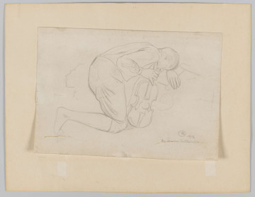 S/G/1270/ML - Postać młodego chłopca. Ujęty całopostaciowo, w pozycji klęczącej, profilem na prawo. Prawa noga ugięta w kolanie, stopa oparta palcami o zaznaczone kreską podłoże. Tułów pochylony ,
głowa spoczywa na lewym przedramieniu, opartym na bliżej nieokreślonym, zarysowanym z tyłu meblu. W prawej ręce trzyma skrzypce z pękniętą struną.  Ubrany w luźną koszulę i sięgające łydki spodnie.
