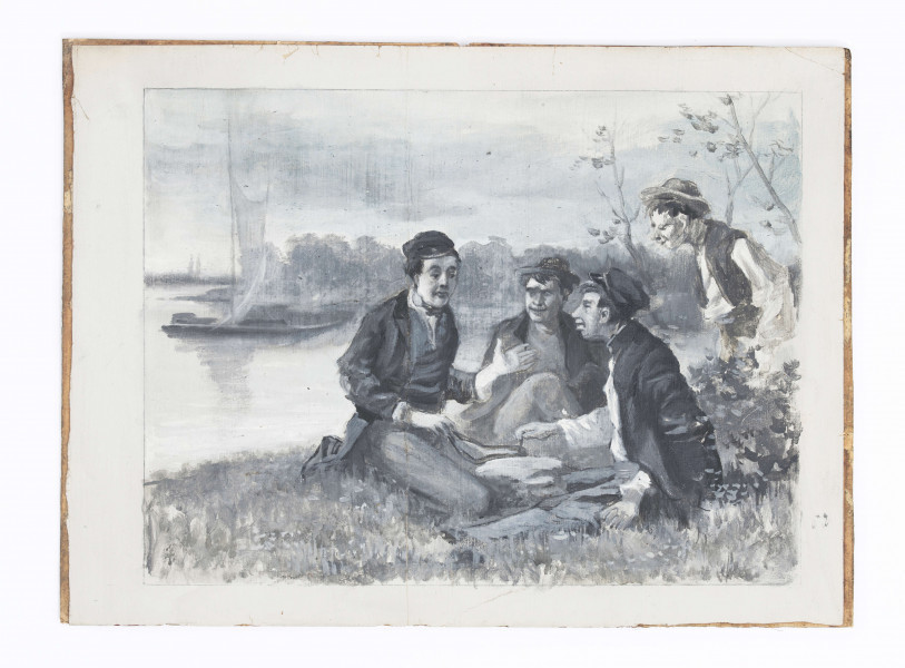 Scena rodzajowa. Na pierwszym planie, nad brzegiem rzeki czterech mężczyzn. Trzej zwróceni do siebie, w pozycji siedzącej, pogrążeni w rozmowie. Między nimi worek, który przytrzymuje ręką mężczyzna po lewej. Czwarty, stojący przy krawędzi kompozycji, nachyla się ku grupie, kierując wzrok w stronę worka. Siedzący ubrani w marynarki, stojący -  w białą koszulę i kamizelkę. Twarze pospolite, wręcz karykaturalne. W tle, na wodzie łódź z żaglem, wzdłuż drugiego brzegu pas bujnych zarośli, w oddali dwie smukłe wieże. Przedstawienie  zdominowane przez tony szarości, miejscami plamy przyszarzałego błękitu.