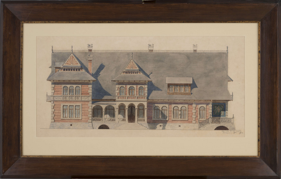 S/G/185/ML - Projekt murowanego dworu w stylu zakopiańskim. Widok elewacji frontowej. Willa parterowa, na kamiennej podmurówce boniowana w narożach. Na osi budynku wysunięty przed lico trójarkadowy ganek, do którego prowadzą schody i przylegający do niego po lewej arkadowy taras. W prawym narożniku kolejny taras, do którego prowadzą ograniczone ażurową balustradą schody. W głębi tarasu ściana z malowidłem przedstawiającym stylizowany, floralny motyw. Nad gankiem facjatka z trzema półkoliście zamkniętymi oknami. Z lewej strony dwukondygnacyjny ryzalit. Jego kondygnacje rozdzielone kamiennym fryzem z motywem rozetek i wici roślinnej. Na osi po trzy okna. Facjatka i ryzalit nakryte daszkami z rozczłonkowanymi trójkątnymi szczytami wypełnionymi motywem 