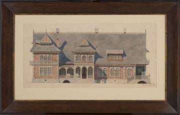 S/G/185/ML - Projekt murowanego dworu w stylu zakopiańskim. Widok elewacji frontowej. Willa parterowa, na kamiennej podmurówce boniowana w narożach. Na osi budynku wysunięty przed lico trójarkadowy ganek, do którego prowadzą schody i przylegający do niego po lewej arkadowy taras. W prawym narożniku kolejny taras, do którego prowadzą ograniczone ażurową balustradą schody. W głębi tarasu ściana z malowidłem przedstawiającym stylizowany, floralny motyw. Nad gankiem facjatka z trzema półkoliście zamkniętymi oknami. Z lewej strony dwukondygnacyjny ryzalit. Jego kondygnacje rozdzielone kamiennym fryzem z motywem rozetek i wici roślinnej. Na osi po trzy okna. Facjatka i ryzalit nakryte daszkami z rozczłonkowanymi trójkątnymi szczytami wypełnionymi motywem 