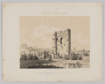 S/G/473/ML - Widok Chełma i Wieży na Bieławinie. Na pierwszym planie tafla wody w której odbijają się drobne zarośla i fragment usytuowanej lekko w prawo zrujnowanej wieży. Zachowany częściowo fragment jednej ściany i krótkie fragmenty ścian bocznych w widoku od strony wnętrza. W przyziemiu ujęty otwór wejściowy, powyżej zamknięte ostrym łukiem okno oraz łuk archiwolty. W centrum nieregularny ubytek muru. W tle widoczny lekko pagórkowaty teren z widokiem miasta.
sygn. pod ryc.l.: rys. z natury A. Lerue; śr.: w Lit. A. Pecq&Co w Warsz489; p.: Lit. J. Cegliński
u góry napis: ALBUM LUBELSKIE
pod ryc. napis: HEŁM I WIEŻA NA BIEŁAWINIE