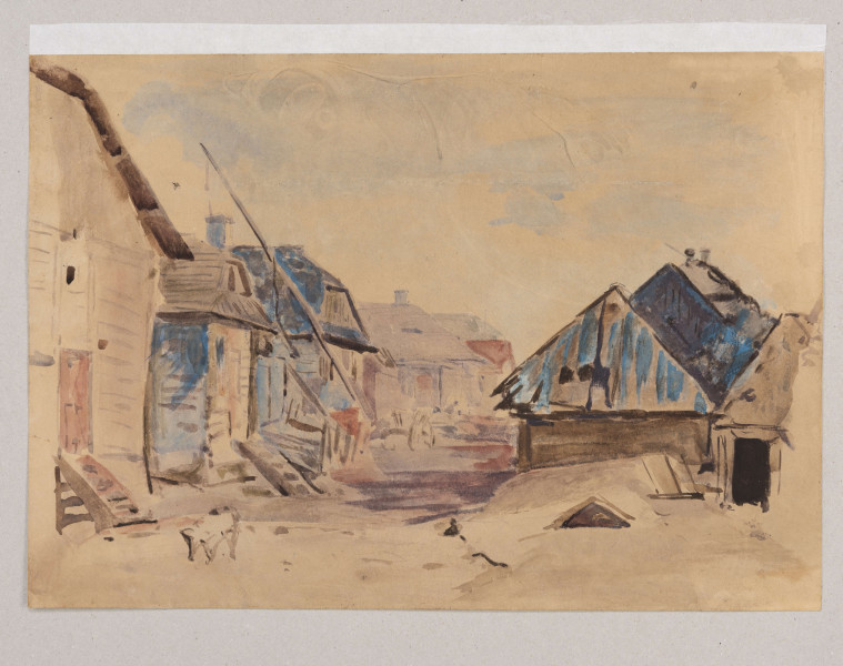 Widok ulicy w miasteczku.. W centrum kompozycji szeroka, niebrukowana droga. Po obu jej stronach niewielkie domy. Zabudowania parterowe, drewniane, kryte dachami naczółkowymi. Na pierwszym planie, po prawej dom ukazany od strony szczytu, za nim dachy dwóch kolejnych zabudowań. Po lewej rząd domów usytuowanych elewacją w stronę drogi, obok żuraw i stojący przy jednym z budynków wóz. Przedstawienie utrzymane w szerokiej gamie szarości i błękitów.
