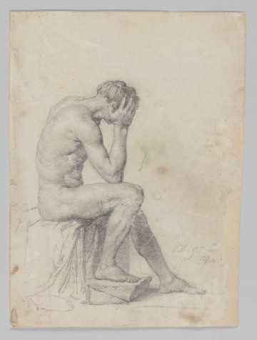 S/G/100/ML - Szkic aktu męskiego. Mężczyzna ukazany w pozycji siedzącej, w prawym profilu, z pochyloną, wspartą na zgiętej w łokciu ręce.
