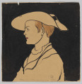 S/G/95/ML - Popiersie młodego chłopca, profilem w lewo. Sylwetka w naturalnym kolorze papieru, skontrastowana z czernią tła. Rysy twarzy i forma ubrania wydobyte czarnym konturem. Wysokie czoło, mały lekko zadarty nos, usta zaznaczone czerwienią, wydatny podbródek. Krótkie włosy podkolorowane ugrem. Na głowie kapelusz z szerokim, wywiniętym do góry rondem, podtrzymywany czarną tasiemką. Ubrany w koszulę z wąską falbanką pod szyją i kurtkę z klapami.

