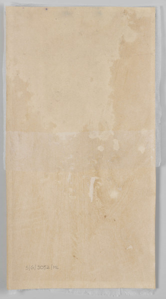 S/G/3052/ML - Akt młodej kobiety, w ujęciu od tyłu, w skręcie 3/4 w lewo. Sylwetka ucięta na wysokości ud, lewa ręka ugięta w łokciu, dłoń podtrzymuje oparty na ramieniu wazon. Twarz o regularnych, subtelnych rysach, oczy ze spuszczonymi powiekami. Owal twarzy wydobyty czarną plamą bujnej, fantazyjnej fryzury. Pasma włosów zgarnięte do przodu zlewają się z kształtem naczynia i eksponują kształt piersi. Postać zarysowana miękką, delikatną linią. Światłocień zaznaczony roztartymi kreskowaniami. Tło podkreślone swobodnymi liniami układającymi się w wenętrzną ramę przedstawienia. Za postacią biegnące łukowato kreski.
sygn. p.d. : T. axentowicz