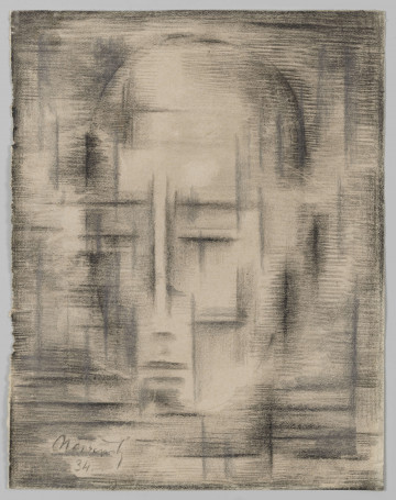 S/G/2661/ML S/G/2661/ML - Portret męski. Na osi głowa mężczyzny wydobyta układem poziomych i pionowych kresek pokrywających całość kompozycji. Układy pionowych linii zaakcentowane pogrubieniem, wokół nich zagęszczające sie poziome kreski. W centrum gra pionów i poziomów określa owal twarzy z zaznaczonymi przy pomocy kresek oczami, brwiami, nosem i ustami i nienaturalnie wydłużoną częścią czołową głowy.