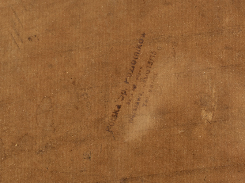 Pejzaż w jesiennej scenerii. Na pierwszym planie rozległy teren z usytuowanym fragmentarycznie w prawej części kompozycji rozgałęzionym pniu drzewa o powyginanych, niemal bezlistnych gałeziach. W oddali widoczne inne drzewa i zarośla, których pnie tworzą dekoracyjne, linearne układy. Kolorystyka zdominowana przez wyciszone tony brązów, ugrów i czerni z akcentami żółcieni liści i przygaszonych, niebieskawych paproci. 
  