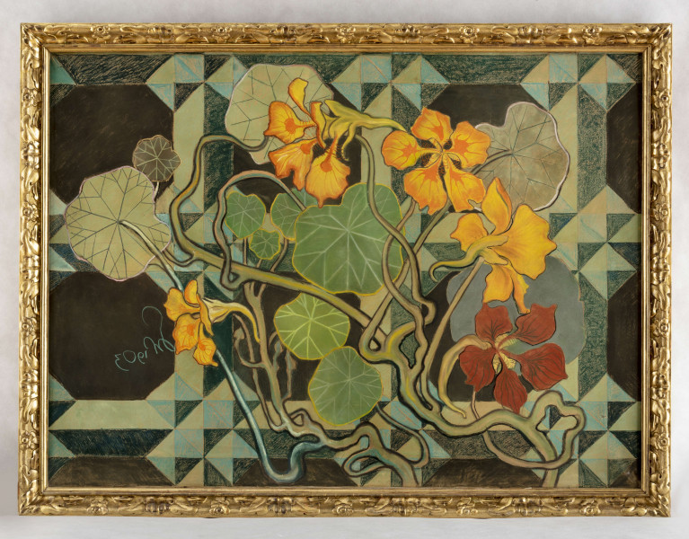 Kompozycja roślinna. W centrum łodyga ukwieconej nasturcji. Cztery z pięciu kwiatów o żółto-oranżowych płatkach, jeden w tonacji ciemnego oranżu. Kwiaty i sercowate liście osadzone na wijących się łodygach. Tło w kolorze czerni, błękitu i ciemnej zieleni, złożone z figur geometrycznych tworzących rytmiczny wzór.
