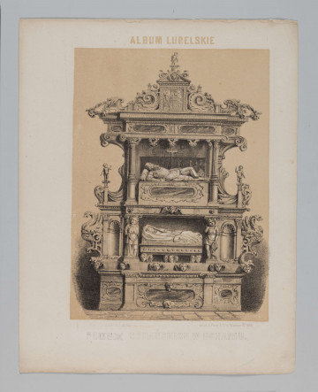 S/G/479/ML - Widok nagrobka Pawła i Anny Uchańskiej w Uchaniu. Nagrobek architektoniczny, przyścienny, dwukondygnacyjny. Powyżej cokołu wnęka w której sarkofag z leżącą postacią kobiecą w habicie, z różańcem w ręku, w drugiej kondygnacji postać męska w zbroi, w pozie sansovinowskiej, z mitrą u stóp. Obie nisze w bogatym obramieniu architektonicznym, zwieńczenie nagrobka w formie trójkątnego tympanonu. 
