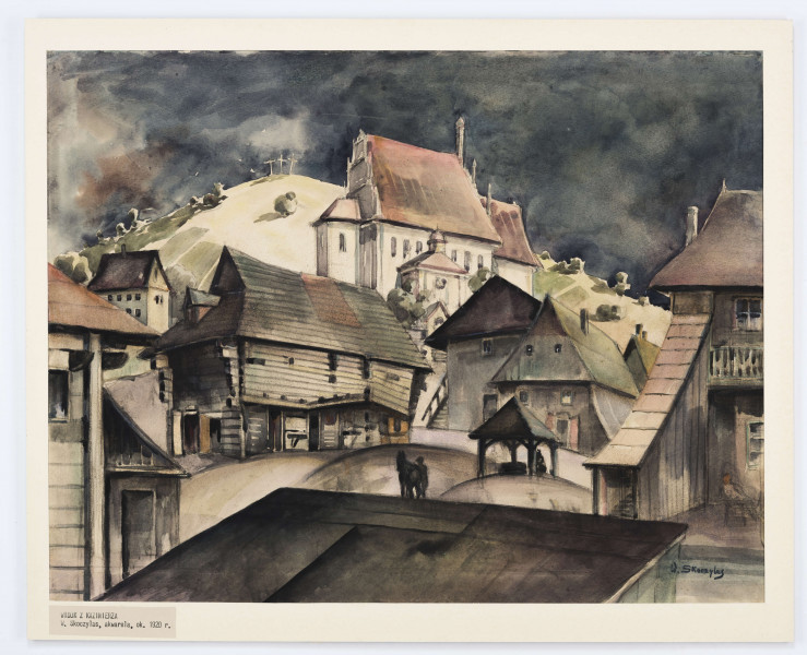 Ujęty fragmentarycznie widok miasteczka z farą i górą Trzech Krzyży w tle. Na pierwszym planie trapezoidalna płaszczyzna dachu, za nią fragment rynku ze studnią i małą sylwetą mężczyzny prowadzącego konia. Przy bocznych krawędziach fragmenty drewnianych domów. Nad nimi góruje centralnie usytuowana bryła fary. Za farą, po lewej łagodny stok wzgórza z trzema krzyżami na szczycie. W tle ciemny pas zasnutego chmurami nieba.  
