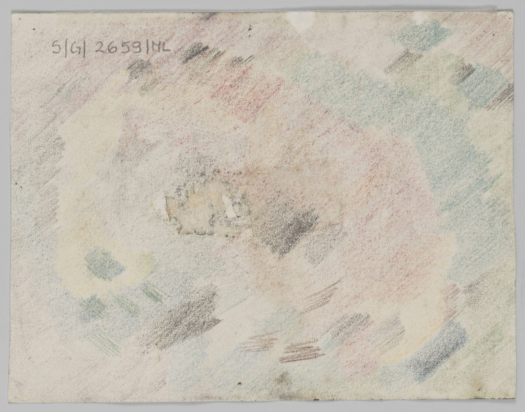 S/G/2659/ML - Kubizujący pejzaż. W dolnej części kompozycji usytuowane dachy  budynków mieszkalnych. Dwuspadowe, ukazane perspektywicznie jeden nad drugim, zakomponowane po linii ukośnej.  Po prawej stronie fragment pagórkowatych wzniesień oraz bujne kępy drzew. Elementy kompozycji zgeometryzowane, podcieniowane niebieską i żółtą kredką.
