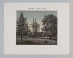 S/G/497/ML - Widok świątyni Sybilli w Puławach (1798 - 1801) wg Ch. P. Aignera będącej kopią okrągłej świątyni w Tivoli pod Rzymem. Usytuowana w głębi, na osi kompozycji, w otoczeniu  bujnych drzew i krzewów założenia parkowego. Budowla na planie koła, korpus obiega koryncka kolumnada dźwigająca belkowanie z bukranionowym fryzem, nakryta kopułą. Do kościoła prowadzą szerokie, schody widoczne zza ogrodzenia, przed którym dwóch mężczyzn. 
