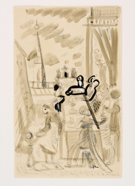 Scena rodzajowa we wnętrzu. W centrum, z lekkim przesunięciem na prawo ukazany perspektywicznie długi stół z zasiadającymi wokół biesiadnikami. Na pierwszym planie, widziana od tyłu sylwetka kobiety w długiej sukni z trenem, w jej prawej ręce kielich napełniany przez stojącego obok mężczyznę. Z lewej wychylony ku tyłowi mężczyzna z ozdobionym piórem kapeluszem w ręku. Po obu stronach stołu kilka postaci, jedna z nich, po prawej przechylona na stół. Na stole nakrycia i puchar. Za stołem, po prawej fr. architektury oraz kobieta niosąca dzban. Z lewej, przy krawędzi zarys budynku, w głębi, na tle pokrytego plamami chmur nieba wieża w kształcie ostrosłupa z kulą w zwieńczeniu. Przedstawienie szkicowe, bez dbałości o szczegóły. Elementy zaznaczone swobodną szarą plamą i podkreślone niebieską, atramentową kreską z akcentami wyraźnego obrysu tuszem.
