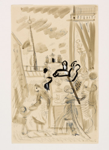 Scena rodzajowa we wnętrzu. W centrum, z lekkim przesunięciem na prawo ukazany perspektywicznie długi stół z zasiadającymi wokół biesiadnikami. Na pierwszym planie, widziana od tyłu sylwetka kobiety w długiej sukni z trenem, w jej prawej ręce kielich napełniany przez stojącego obok mężczyznę. Z lewej wychylony ku tyłowi mężczyzna z ozdobionym piórem kapeluszem w ręku. Po obu stronach stołu kilka postaci, jedna z nich, po prawej przechylona na stół. Na stole nakrycia i puchar. Za stołem, po prawej fr. architektury oraz kobieta niosąca dzban. Z lewej, przy krawędzi zarys budynku, w głębi, na tle pokrytego plamami chmur nieba wieża w kształcie ostrosłupa z kulą w zwieńczeniu. Przedstawienie szkicowe, bez dbałości o szczegóły. Elementy zaznaczone swobodną szarą plamą i podkreślone niebieską, atramentową kreską z akcentami wyraźnego obrysu tuszem.
