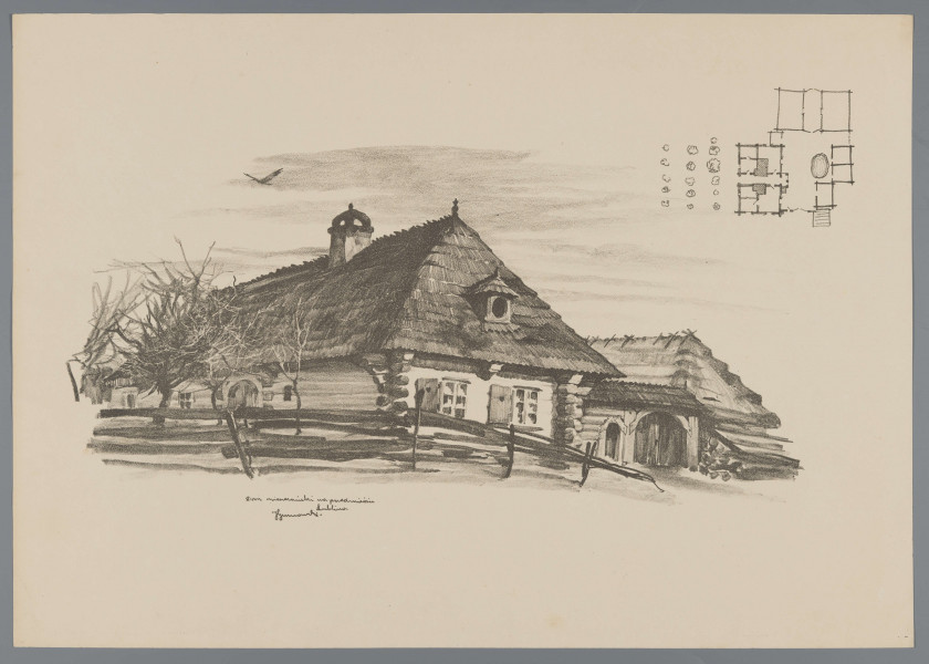 S/G/768/ML - Widok domu mieszczańskiego na przedmieściu w Lublinie. Dom wraz z otoczeniem w perspektywicznym ujęciu od strony narożnika. Drewniany, jednokondygnacyjny, o węgłowej konstrukcji ścian, z tzw. ostatkami w narożach, kryty gontem. Po prawej drewniana, zadaszona brama i fragment krytej strzechą szopy. Przed domem odcinek zrujnowanego płotu i kilka bezlistnych drzew. W prawym górnym rogu rzut przyziemia całego założenia wraz z zabudowaniami gospodarczymi i sadem.
