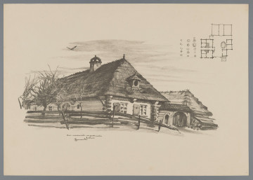 S/G/768/ML - Widok domu mieszczańskiego na przedmieściu w Lublinie. Dom wraz z otoczeniem w perspektywicznym ujęciu od strony narożnika. Drewniany, jednokondygnacyjny, o węgłowej konstrukcji ścian, z tzw. ostatkami w narożach, kryty gontem. Po prawej drewniana, zadaszona brama i fragment krytej strzechą szopy. Przed domem odcinek zrujnowanego płotu i kilka bezlistnych drzew. W prawym górnym rogu rzut przyziemia całego założenia wraz z zabudowaniami gospodarczymi i sadem.
