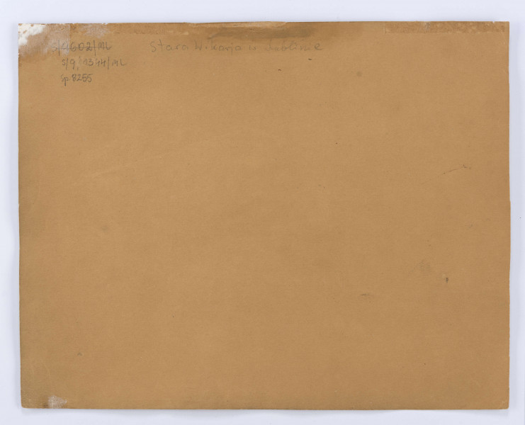 Widok Domu Mansjonarskiego w Lublinie w ujęciu od północno zachodniego narożnika z małą, nieistniejąca obecnie przybudówką od północy. Zachodnia, dłuższa elewacja z dwoma rzędami prostokątnych okien. Przed domem, na pierwszym planie fragment placu i pozostałości po wyburzeniu fary św. Michała. 
