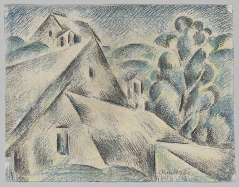 S/G/2659/ML - Kubizujący pejzaż. W dolnej części kompozycji usytuowane dachy  budynków mieszkalnych. Dwuspadowe, ukazane perspektywicznie jeden nad drugim, zakomponowane po linii ukośnej.  Po prawej stronie fragment pagórkowatych wzniesień oraz bujne kępy drzew. Elementy kompozycji zgeometryzowane, podcieniowane niebieską i żółtą kredką.
