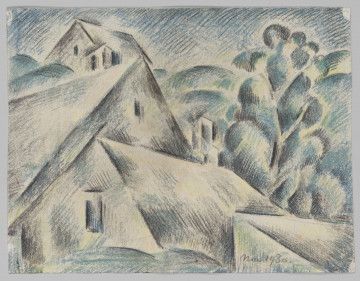 S/G/2659/ML - Kubizujący pejzaż. W dolnej części kompozycji usytuowane dachy  budynków mieszkalnych. Dwuspadowe, ukazane perspektywicznie jeden nad drugim, zakomponowane po linii ukośnej.  Po prawej stronie fragment pagórkowatych wzniesień oraz bujne kępy drzew. Elementy kompozycji zgeometryzowane, podcieniowane niebieską i żółtą kredką.
