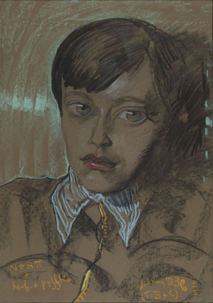 S/G/3646/ML - Portret młodzieńca na sepiowym tle. En face, włosy krótkie, uczesane z przedziałkiem, z grzywką zasłaniającą prawą część czoła. Oczy duże, błyszczące, o regularnych łukach brwiowych. Nos długi, wąski, wydatne usta o falistej linii warg. Po szyją jasny kołnierzyk. Z prawej strony głowy, w tle silne zacienienie, po lewej szerokie, błękitne smugi z zaznaczonym światłem.
