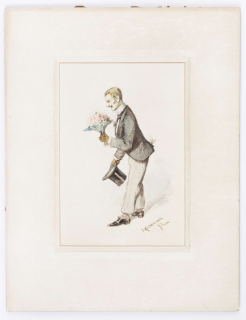 W centrum postać mężczyzny, zwrócony profilem w lewo. Lekko pochylony do przodu. Włosy jasne, krótkie, oczy przymrużone, długi, wydatny nos, wystający podbródek. Ubrany w szarobrązową marynarkę, białą koszulę, pod szyją muszka. Spodnie jasnobeżowe, czarne, sznurowane buty ze spiczastymi czubami. W prawej dłoni trzyma cylinder, w lewej, uniesionej i zgiętej w łokciu bukiet kwiatów. Zza poły marynarki wystaje rulon gazety. U dołu, w pobliżu nóg zaznaczony szarą plamą cień.
