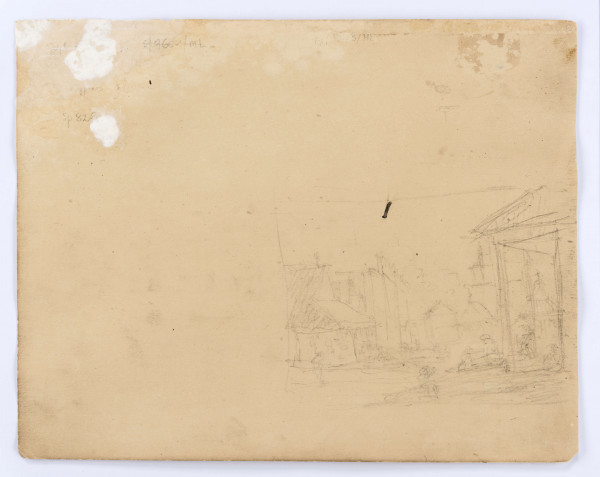 Widok szpitala i Bramy Świętoduskiej w Lublinie. Po prawej perspektywicznie ukazana elewacja szpitala z renesansową attyką, w głębi przylegająca do murów szpitala brama z szerokim, półkolistym przejazdem w przyziemiu. Rysunek prowadzony miękką kreską.
Na odwrocie szkic Rynku w Kazimierzu Dolnym