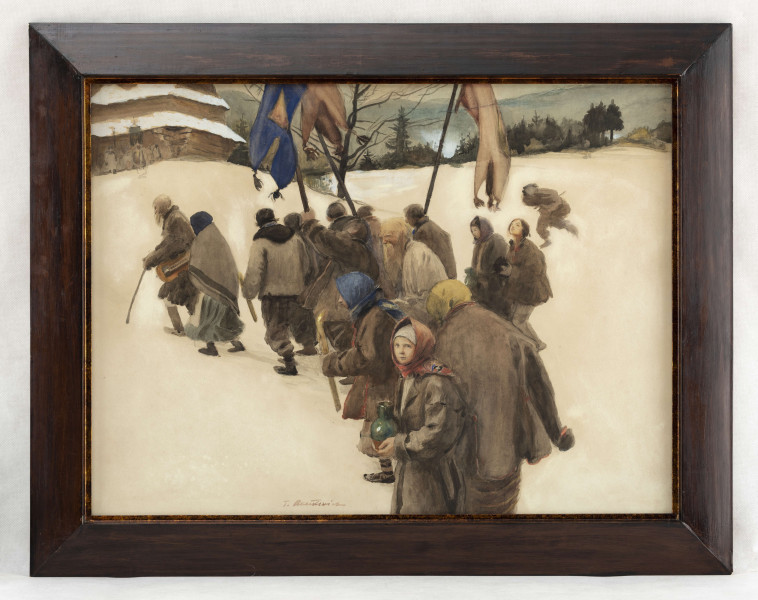 Scena rodzajowa. Na tle białej płaszczyzny śniegu korowód wieśniaków zmierzających do cerkwi, której fragment ukazany w lewym górnym rogu. Ustawione w ukośny szereg postacie zajmują centrum kompozycji. Ciemne szaro-brunatne ubrania ludzi kontrastują z bielą tła. Kolorystyka ożywiona niebieskimi, czerwonymi, żółtymi akcentami kobiecych chustek i niesionych w procesji chorągwi. W głębi fragment łagodnego stoku, którego krawędź wyznaczają zielone plamy drzew. Nad nimi błękitny pas zachmurzonego nieba. Przedstawienie uzyskane za pomocą swobodnych, nakładających się plam kolorów.
sygn. śr. d.:T.axentowicz