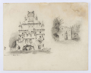 Widok spichlerza w Kazimierzu Dolnym w ujęciu od strony fasady. Spichlerz usytuowany w lewej części kompozycji, z półkoliście zamkniętym przejazdem w części przedbramia, nad którym usytuowane dwa łukowate, boniowane okna i częściowo zrujnowany szczyt. Fasada spichlerza zwieńczona ozdobnym szczytem ozdobionym sterczynami i spływami wolutowymi. W zwieńczeniu, w półkolistej płycinie, ujęta pilastrami scena Ukrzyżowania z dwiema postaciami po  obu stronach krzyża. Zwieńczeniee w formie zamkniętego łukiem naczółka. Po prawej szkic kolejnej, bliżej nieokreślonej, zrujnowanej budowli. 