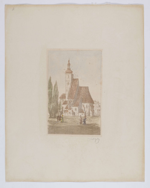 S/G/811/ML - Kościół św. Michała w Lublinie w ujęciu od południowej elewacji. Bryła kościoła w centrum, 
złożona z kruchty, wysokiej kwadratowej wieży nakrytej hełmem z latarnią, krótkiej nawy nakrytej wysokim, dwuspadowym dachem i wydłużonego prezbiterium zakończonego wzmocnioną szkarpami apsydą. Przy ścianie bocznej szereg kaplic i przybudówek. Z lewej strony dwa drzewa o smukłych koronach. Na pierwszym planie dwie grupy stojących, zajętych rozmową postaci w odświętnych strojach. Przedstawienie szkicowe. Rysunek form zaznaczony miękkimi, urywanymi smugami w kolorze szarobrunatnym. W partiach dachu prowadzona delikatna, rdzawa czerwień. Pas podłoża i drzewa jasnozielone. W tle bladobłękitne niebo.
