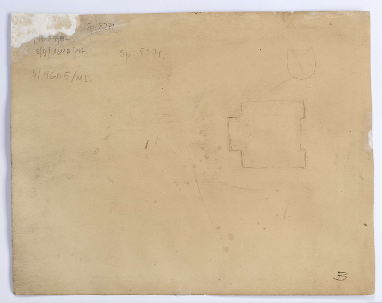 Widok zamku Miączyńskich w Zawieprzycach w ujęciu od strony Wieprza. Na pierwszym planie szeroka płaszczyzna rzeki z odbijającymi się w wodzie zarysami zarośli i drzew założenia parkowego. Bryła pałacu lekko na lewo od osi, dwupiętrowa, z dwoma wąskimi ryzalitami. Pomiędzy nimi arkadowa loggia z kolumnadą i tarasem. Po lewej zabudowania zespołu pałacowego nakryte naczółkowymi dachami. Ponad nimi widoczne korony drzew.
