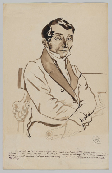 S/G/81/ML - Portret młodego mężczyzny w ujęciu do pasa, w pozycji siedzącej, 3/4 w prawo. Twarz trójkątna, duże oczy, długi, wąski nos. Włosy ciemne, krótkie,  z przedziałkiem, przechodzące w bokobrody. Ubrany w koszulę ze stojącym kołnierzykiem i surdut z wąskimi klapami. Ręce skrzyżowane na brzuchu, w lewej rulon papieru. Z lewej strony poręcz fotela ozdobiona główką lwa. Przedstawienie o charakterze szkicu, kształty zaznaczone konturem, w partii włosów, twarzy i klap surduta lawowanie.
