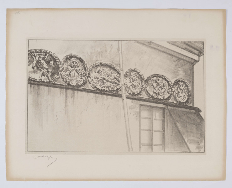 S/G/817/ML - Fragment górnych partii ściany seminarium duchownego w Lublinie z medalionowym fryzem obiegającym budynek. Scena zakomponowana ukośnie. W prawym górnym rogu fragment gzymsu. U dołu prostokątne okno i część narożnej szkarpy. Fryz złożony z okrągłych i owalnych medalionów ułożonych naprzemiennie, obramionych wieńcami z liści. W medalionach przedstawienia mitycznych i pierwszych historycznych władców Polski oraz sceny alegoryczne symbolizujące poszczególne postacie. Przedstawienie prowadzone miękkimi, przetartymi smugami, sceny w medalionach ukazane szkicowo, trudne do identyfikacji.

