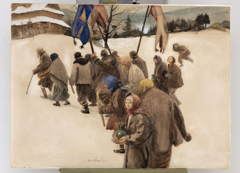 Scena rodzajowa. Na tle białej płaszczyzny śniegu korowód wieśniaków zmierzających do cerkwi, której fragment ukazany w lewym górnym rogu. Ustawione w ukośny szereg postacie zajmują centrum kompozycji. Ciemne szaro-brunatne ubrania ludzi kontrastują z bielą tła. Kolorystyka ożywiona niebieskimi, czerwonymi, żółtymi akcentami kobiecych chustek i niesionych w procesji chorągwi. W głębi fragment łagodnego stoku, którego krawędź wyznaczają zielone plamy drzew. Nad nimi błękitny pas zachmurzonego nieba. Przedstawienie uzyskane za pomocą swobodnych, nakładających się plam kolorów.
sygn. śr. d.:T.axentowicz