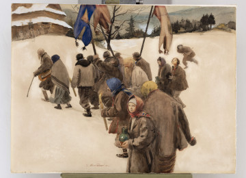 Scena rodzajowa. Na tle białej płaszczyzny śniegu korowód wieśniaków zmierzających do cerkwi, której fragment ukazany w lewym górnym rogu. Ustawione w ukośny szereg postacie zajmują centrum kompozycji. Ciemne szaro-brunatne ubrania ludzi kontrastują z bielą tła. Kolorystyka ożywiona niebieskimi, czerwonymi, żółtymi akcentami kobiecych chustek i niesionych w procesji chorągwi. W głębi fragment łagodnego stoku, którego krawędź wyznaczają zielone plamy drzew. Nad nimi błękitny pas zachmurzonego nieba. Przedstawienie uzyskane za pomocą swobodnych, nakładających się plam kolorów.
sygn. śr. d.:T.axentowicz